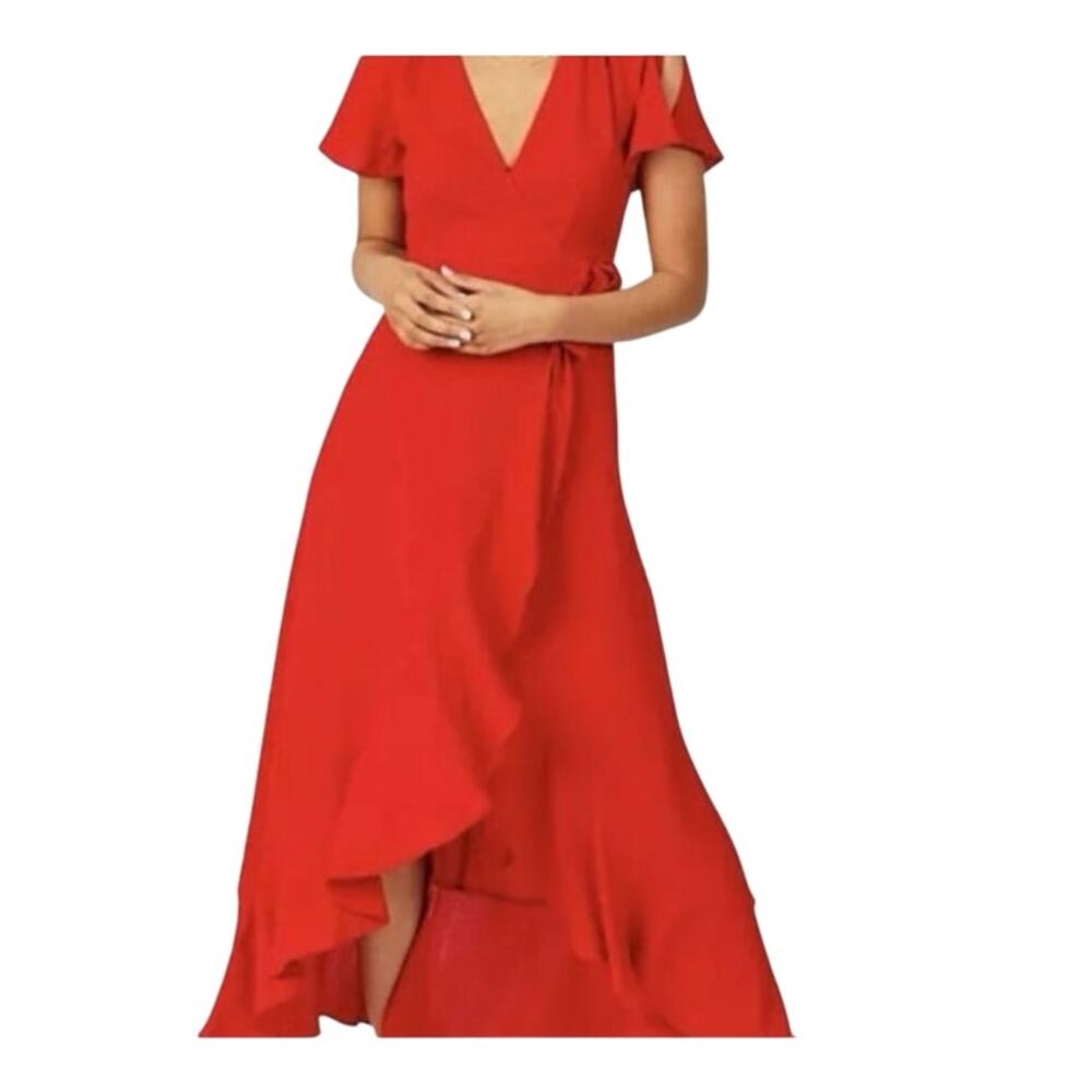 Alter'd State Red Ruffle Maxi Hi-lo Dress Split Sleeve Size Small Wrap V-Neck